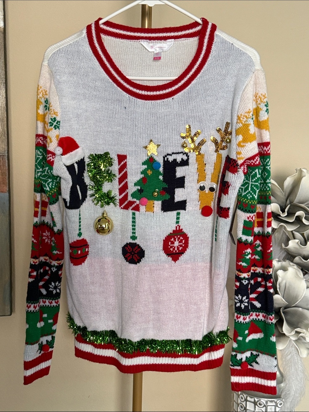 No Boundaries White Christmas Novelty Sweater with Red, Green & Gold Accents